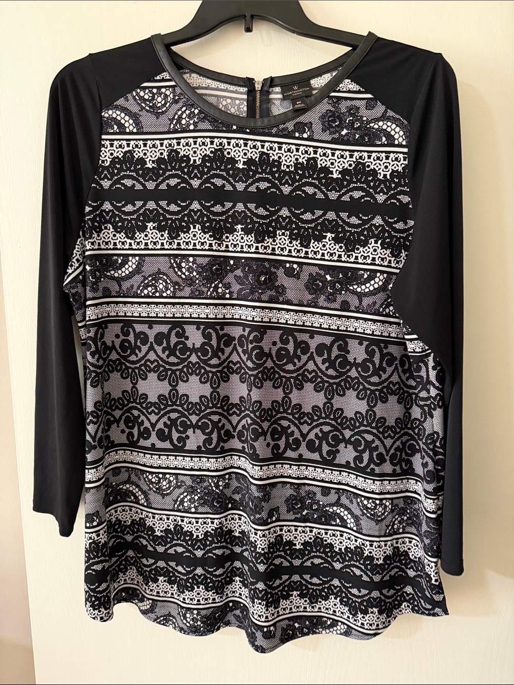 Worthington Black and White Lace-Pattern Raglan Sleeve Top